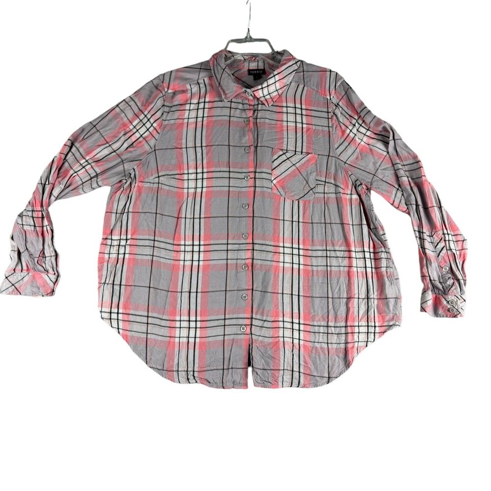 TORRID Shirt Women's 1 Pink Gray Long Sleeve Plaid Button Down Rayon Lightweight